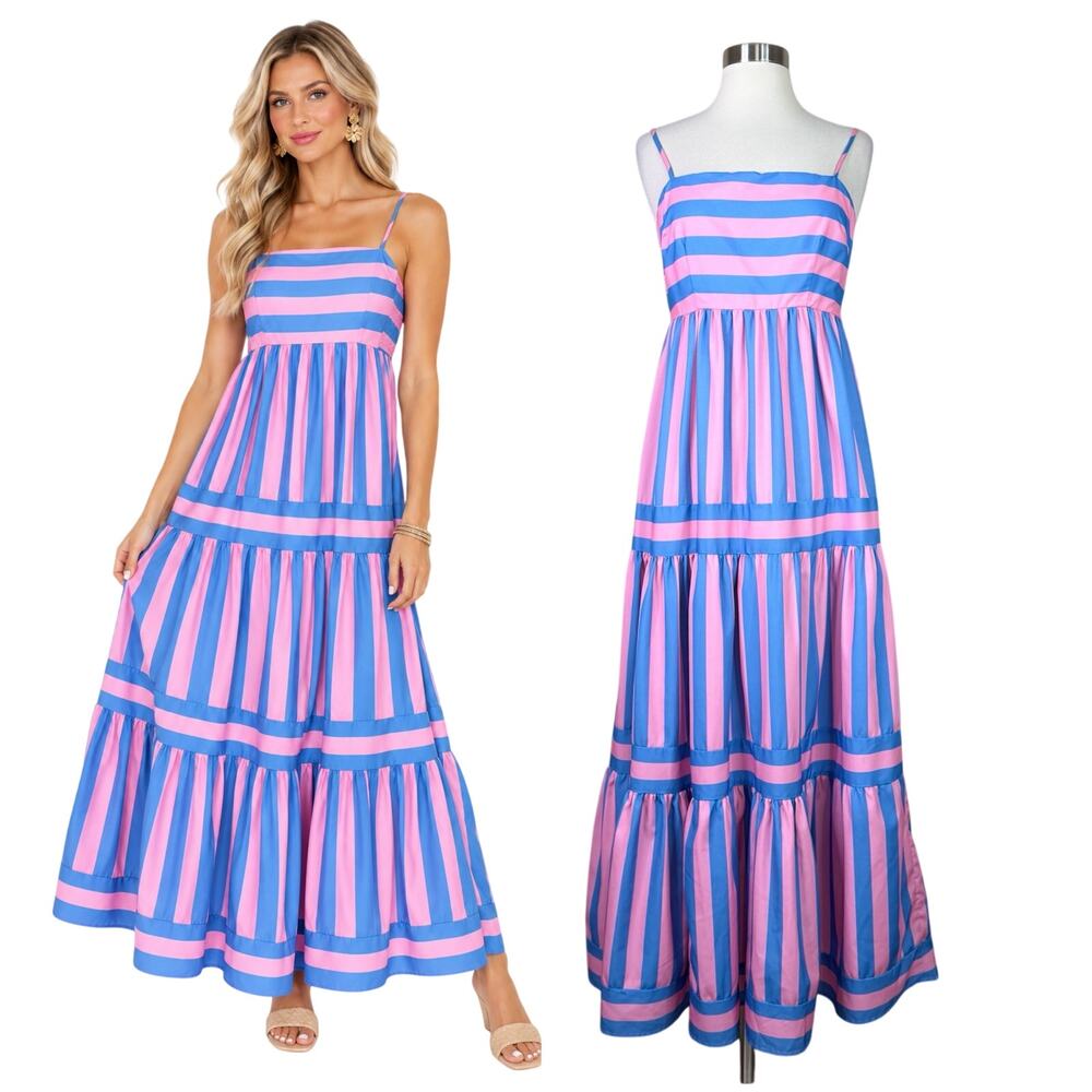 Wits The Label | Striped Pink Blue Tiered Spaghetti Strap Flowy Maxi Dress Large